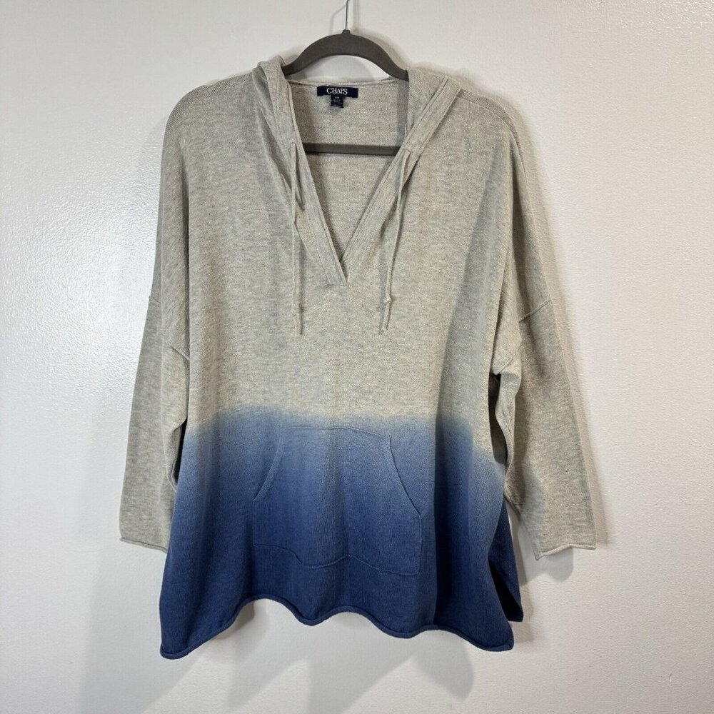 Chaps Hoodie Sweatershirt Womens L Gray Blue Dip Dye Nautical Beach Lagen Comfy